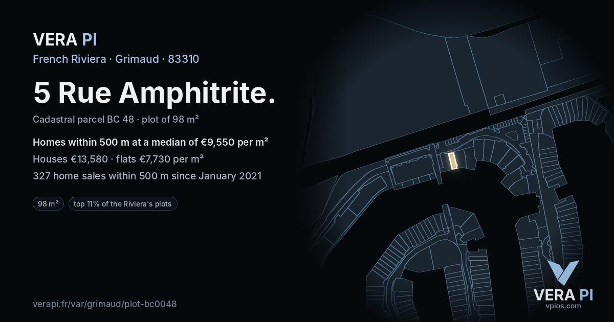 5 Rue Amphitrite, Grimaud at night – the plot lit, the parcels around coloured by the prices near them