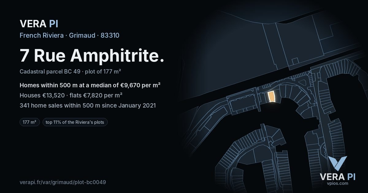 7 Rue Amphitrite, Grimaud at night – the plot lit, the parcels around coloured by the prices near them