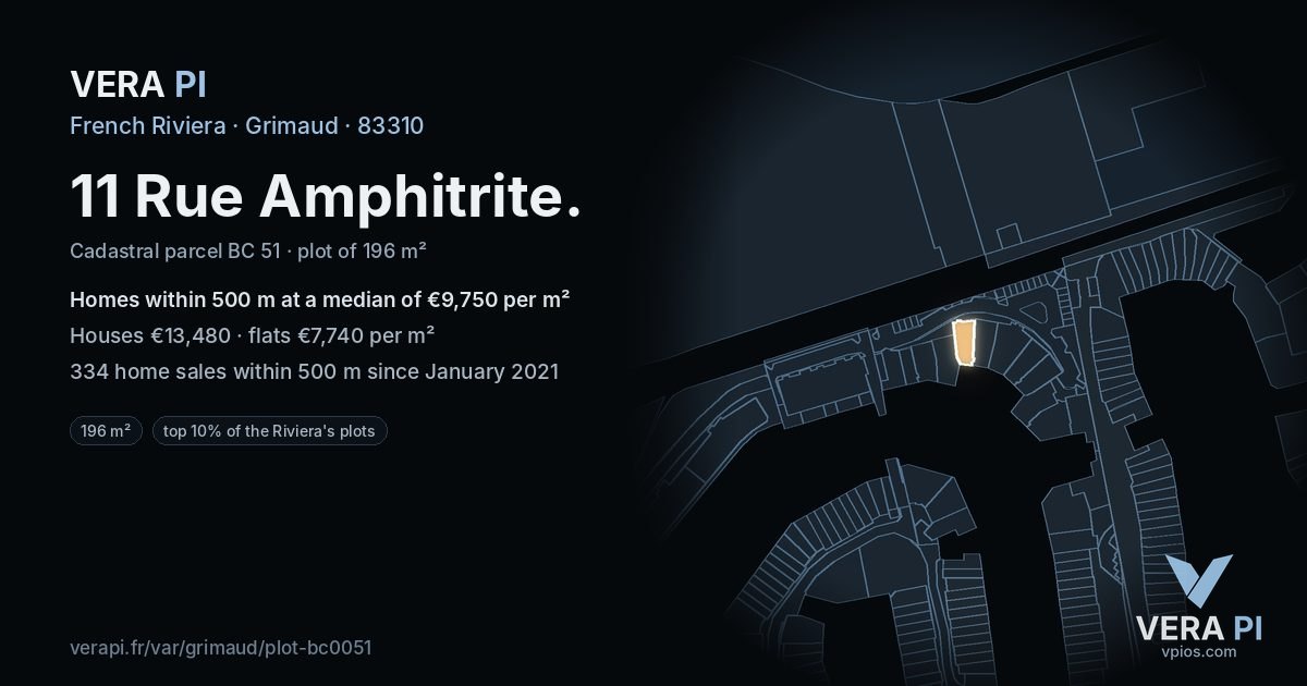 11 Rue Amphitrite, Grimaud at night – the plot lit, the parcels around coloured by the prices near them