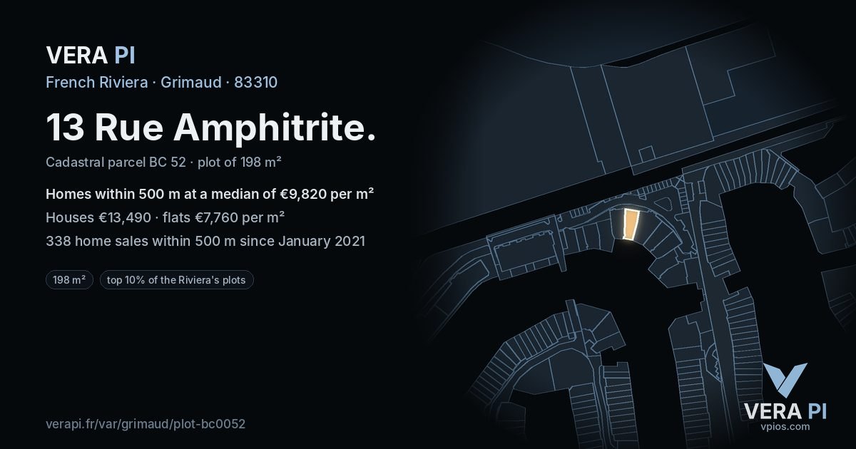 13 Rue Amphitrite, Grimaud at night – the plot lit, the parcels around coloured by the prices near them