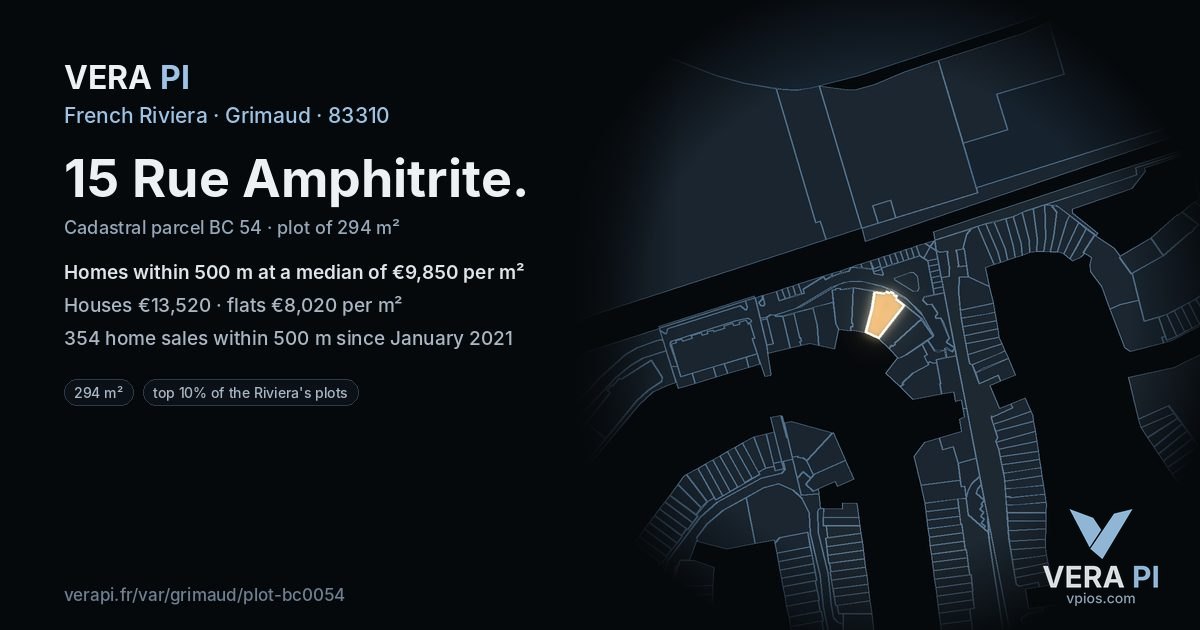 15 Rue Amphitrite, Grimaud at night – the plot lit, the parcels around coloured by the prices near them