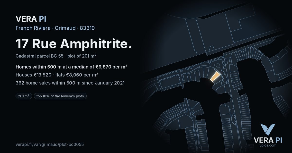 17 Rue Amphitrite, Grimaud at night – the plot lit, the parcels around coloured by the prices near them