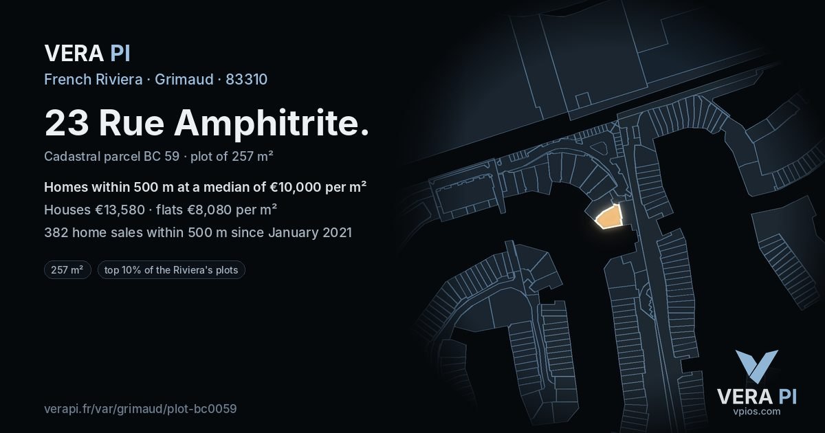 23 Rue Amphitrite, Grimaud at night – the plot lit, the parcels around coloured by the prices near them