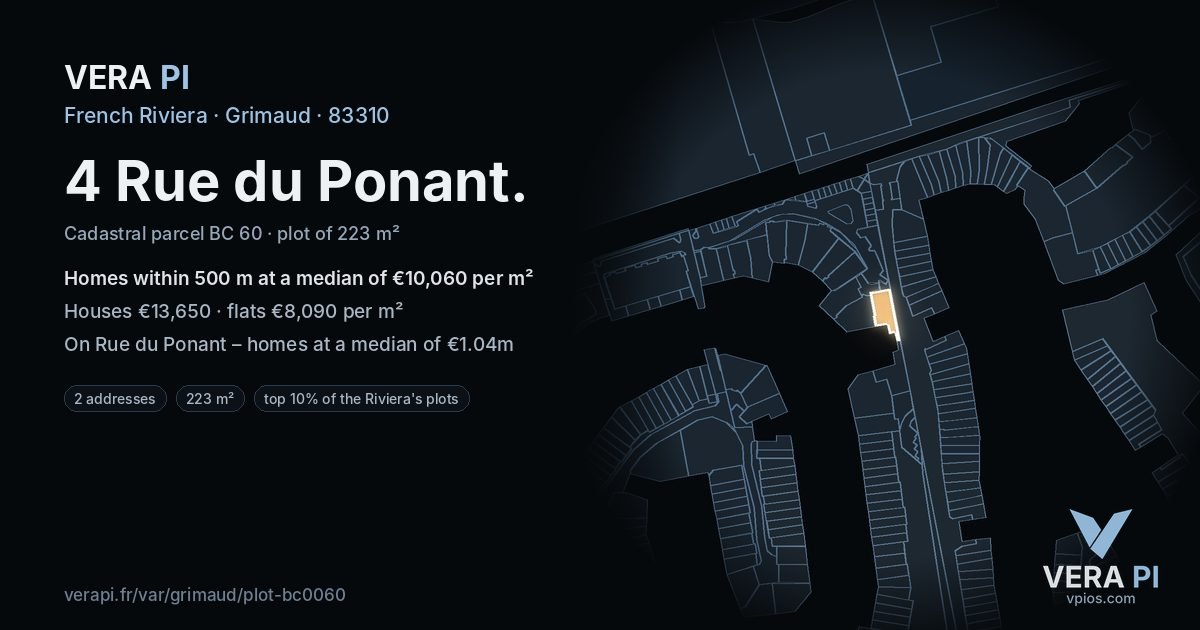 4 Rue du Ponant, Grimaud at night – the plot lit, the parcels around coloured by the prices near them