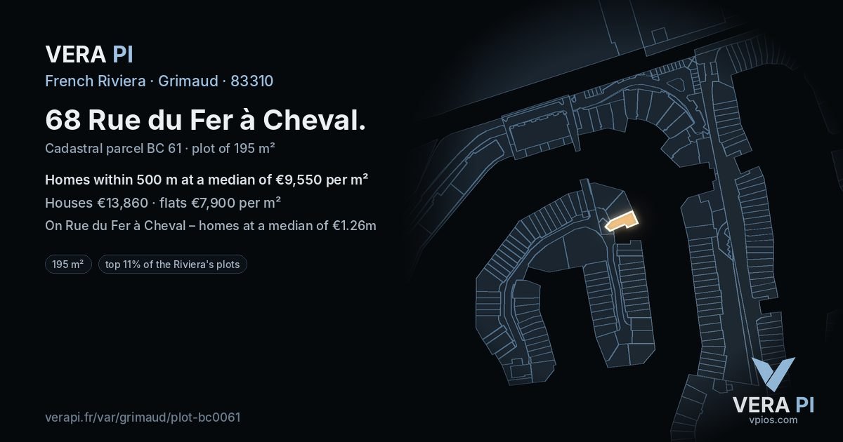 68 Rue du Fer à Cheval, Grimaud at night – the plot lit, the parcels around coloured by the prices near them