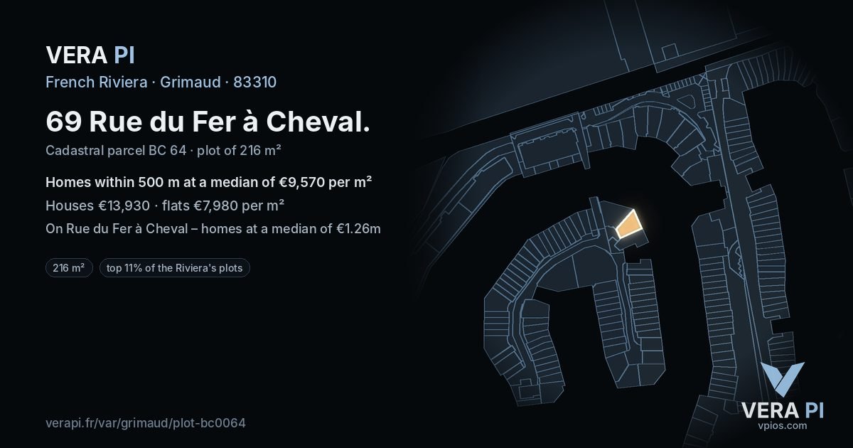 69 Rue du Fer à Cheval, Grimaud at night – the plot lit, the parcels around coloured by the prices near them