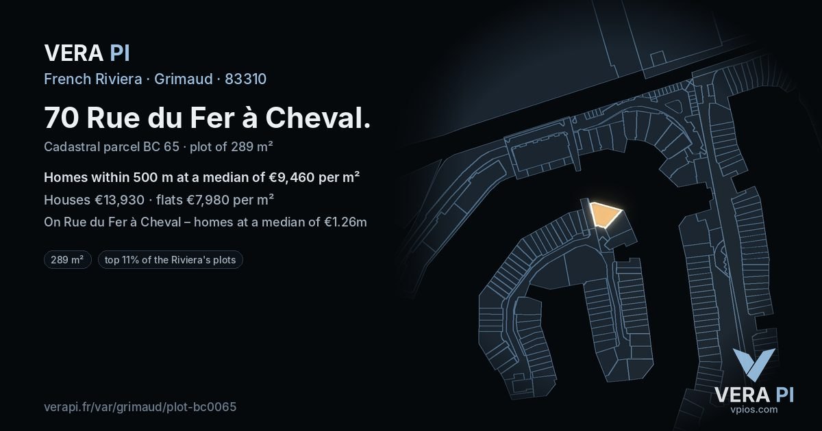 70 Rue du Fer à Cheval, Grimaud at night – the plot lit, the parcels around coloured by the prices near them