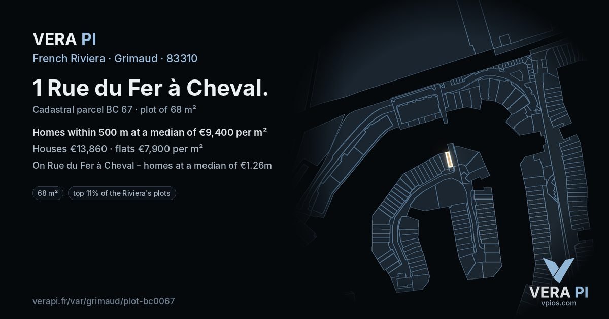 1 Rue du Fer à Cheval, Grimaud at night – the plot lit, the parcels around coloured by the prices near them