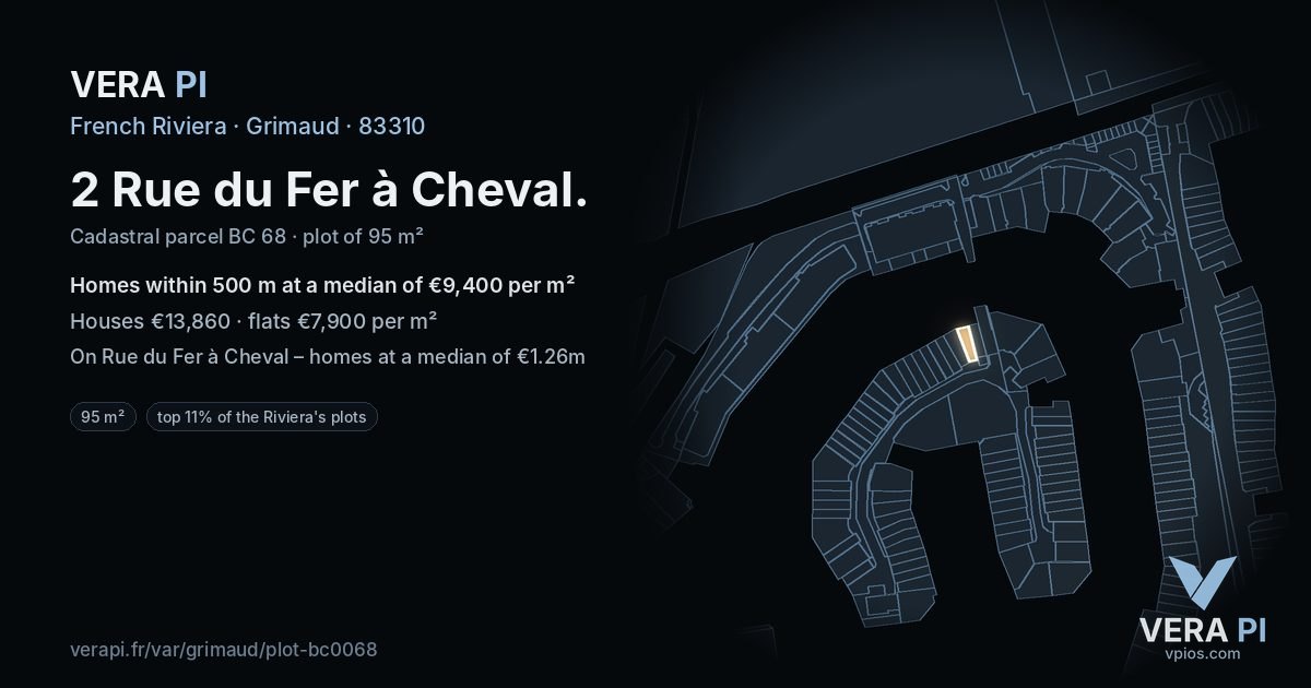 2 Rue du Fer à Cheval, Grimaud at night – the plot lit, the parcels around coloured by the prices near them