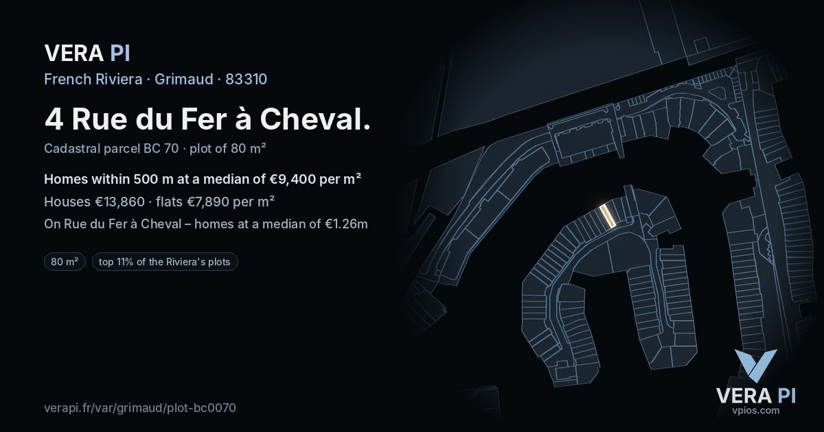 4 Rue du Fer à Cheval, Grimaud at night – the plot lit, the parcels around coloured by the prices near them