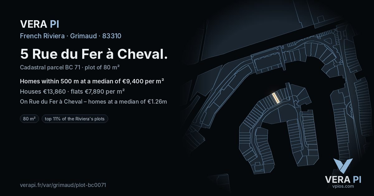 5 Rue du Fer à Cheval, Grimaud at night – the plot lit, the parcels around coloured by the prices near them