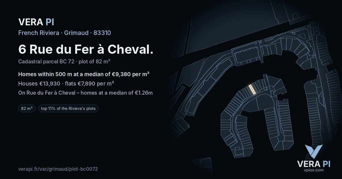 6 Rue du Fer à Cheval, Grimaud at night – the plot lit, the parcels around coloured by the prices near them