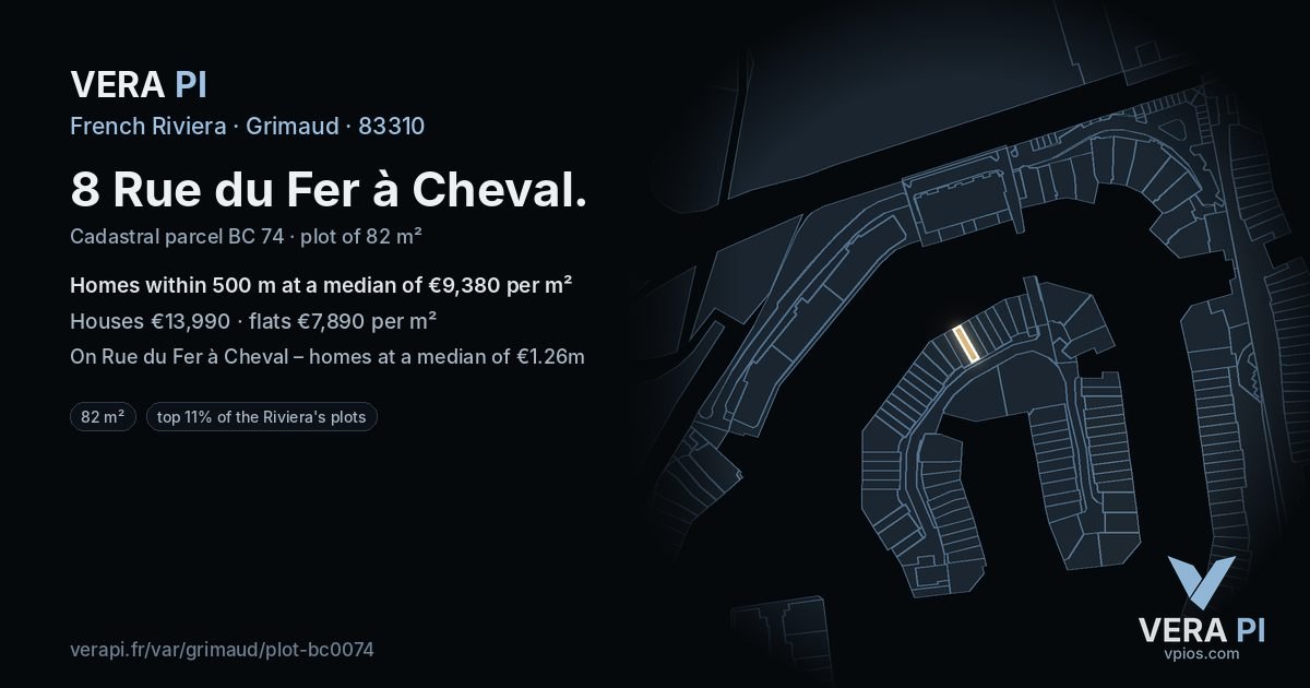 8 Rue du Fer à Cheval, Grimaud at night – the plot lit, the parcels around coloured by the prices near them
