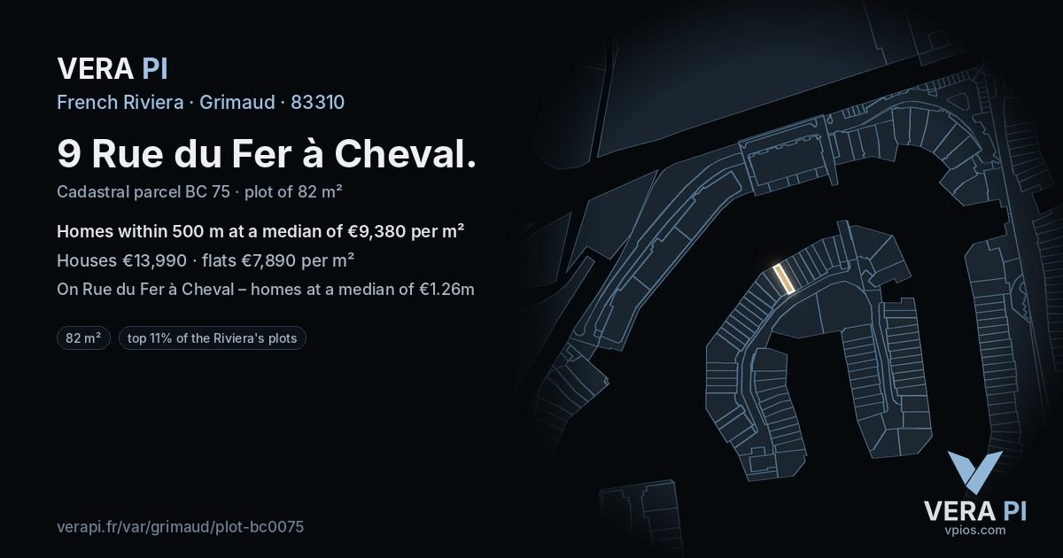 9 Rue du Fer à Cheval, Grimaud at night – the plot lit, the parcels around coloured by the prices near them