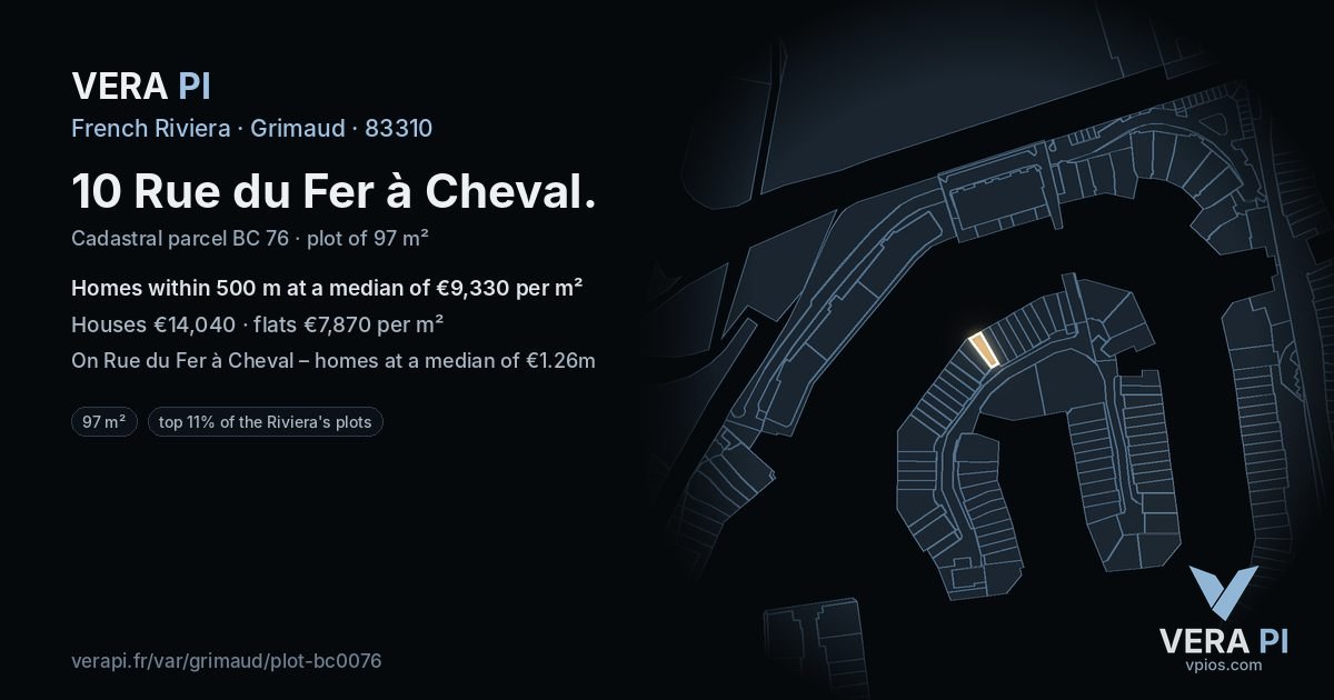10 Rue du Fer à Cheval, Grimaud at night – the plot lit, the parcels around coloured by the prices near them