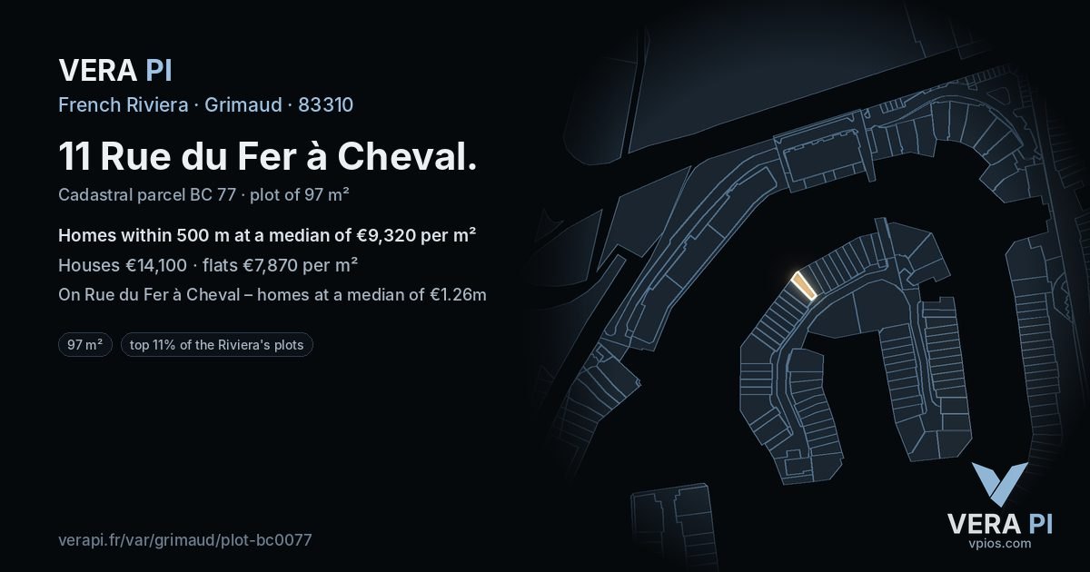 11 Rue du Fer à Cheval, Grimaud at night – the plot lit, the parcels around coloured by the prices near them