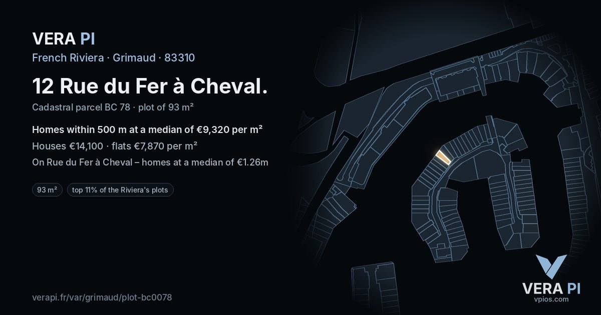 12 Rue du Fer à Cheval, Grimaud at night – the plot lit, the parcels around coloured by the prices near them