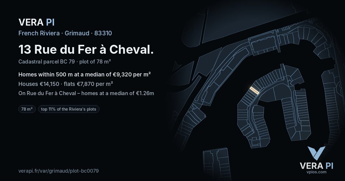 13 Rue du Fer à Cheval, Grimaud at night – the plot lit, the parcels around coloured by the prices near them