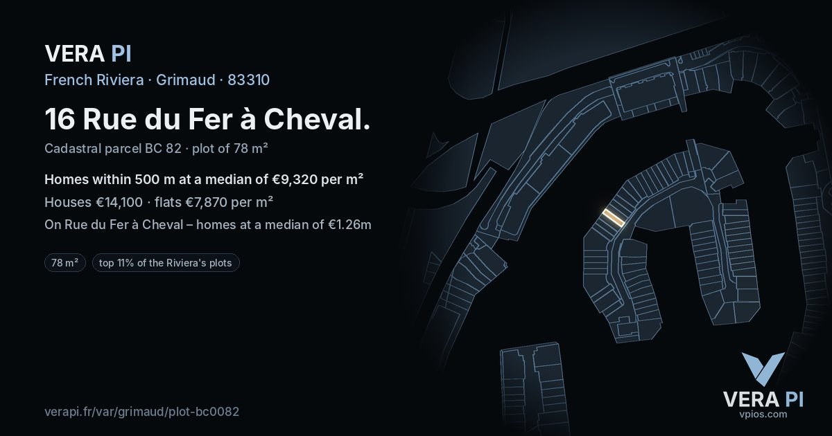 16 Rue du Fer à Cheval, Grimaud at night – the plot lit, the parcels around coloured by the prices near them