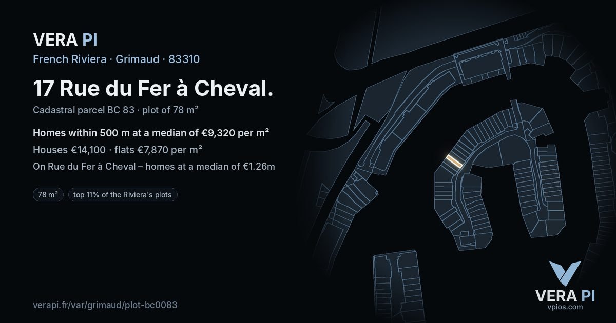 17 Rue du Fer à Cheval, Grimaud at night – the plot lit, the parcels around coloured by the prices near them