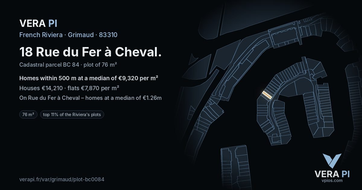 18 Rue du Fer à Cheval, Grimaud at night – the plot lit, the parcels around coloured by the prices near them