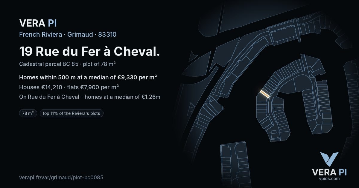19 Rue du Fer à Cheval, Grimaud at night – the plot lit, the parcels around coloured by the prices near them