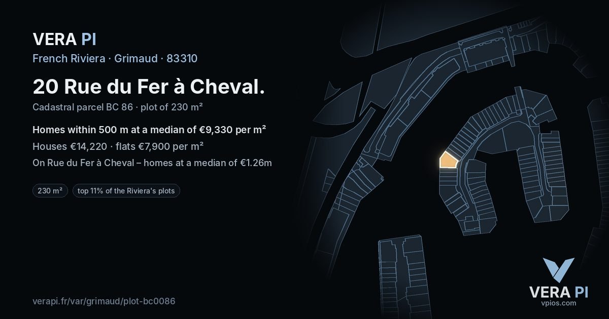 20 Rue du Fer à Cheval, Grimaud at night – the plot lit, the parcels around coloured by the prices near them