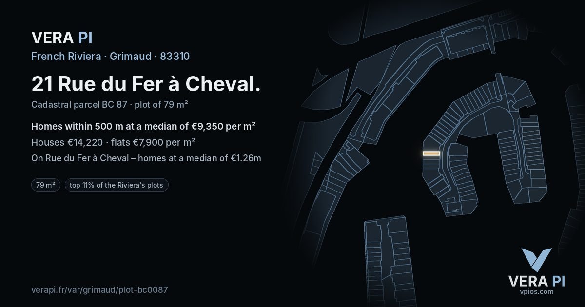 21 Rue du Fer à Cheval, Grimaud at night – the plot lit, the parcels around coloured by the prices near them