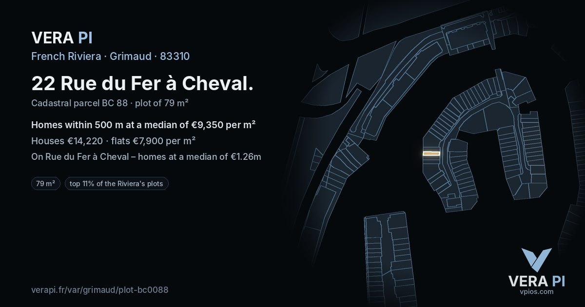 22 Rue du Fer à Cheval, Grimaud at night – the plot lit, the parcels around coloured by the prices near them