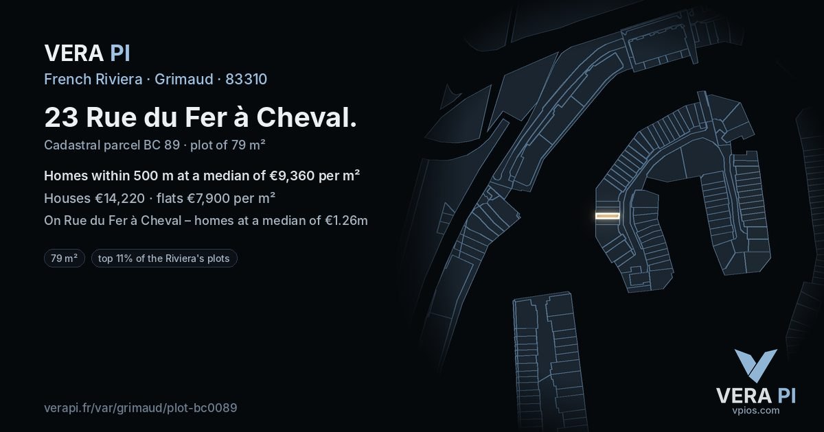 23 Rue du Fer à Cheval, Grimaud at night – the plot lit, the parcels around coloured by the prices near them