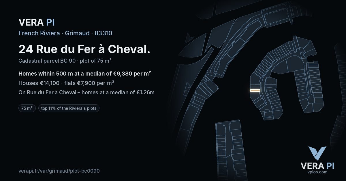 24 Rue du Fer à Cheval, Grimaud at night – the plot lit, the parcels around coloured by the prices near them