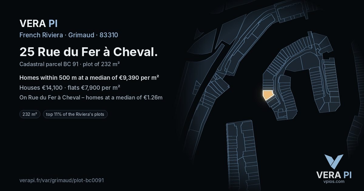 25 Rue du Fer à Cheval, Grimaud at night – the plot lit, the parcels around coloured by the prices near them