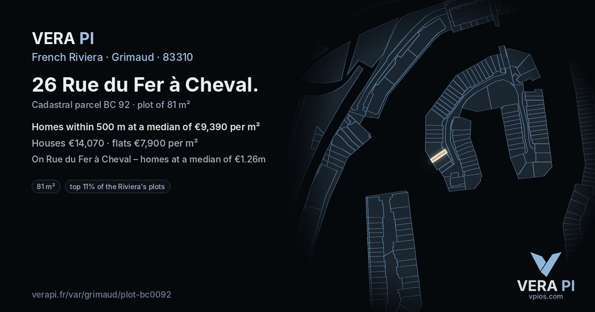 26 Rue du Fer à Cheval, Grimaud at night – the plot lit, the parcels around coloured by the prices near them
