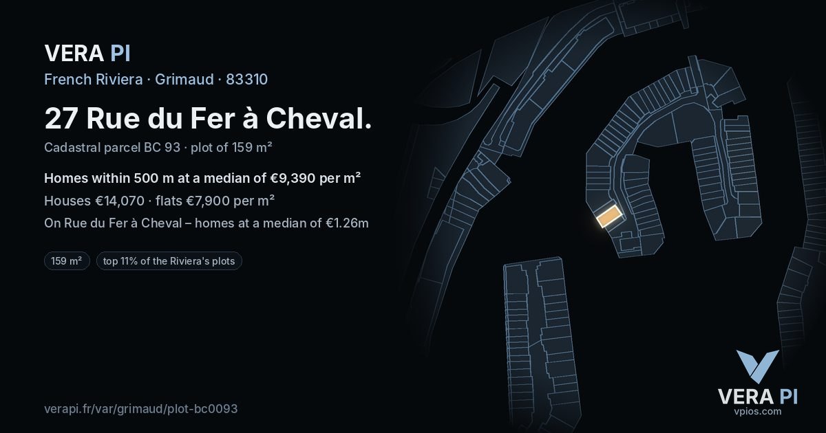 27 Rue du Fer à Cheval, Grimaud at night – the plot lit, the parcels around coloured by the prices near them
