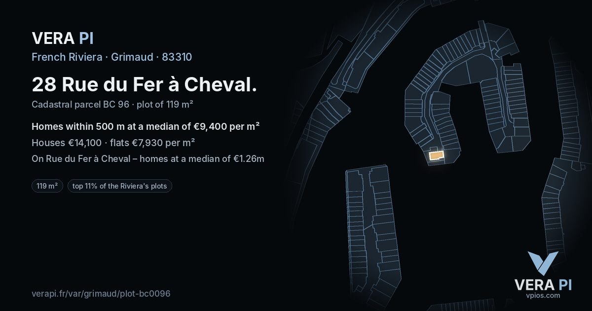 28 Rue du Fer à Cheval, Grimaud at night – the plot lit, the parcels around coloured by the prices near them