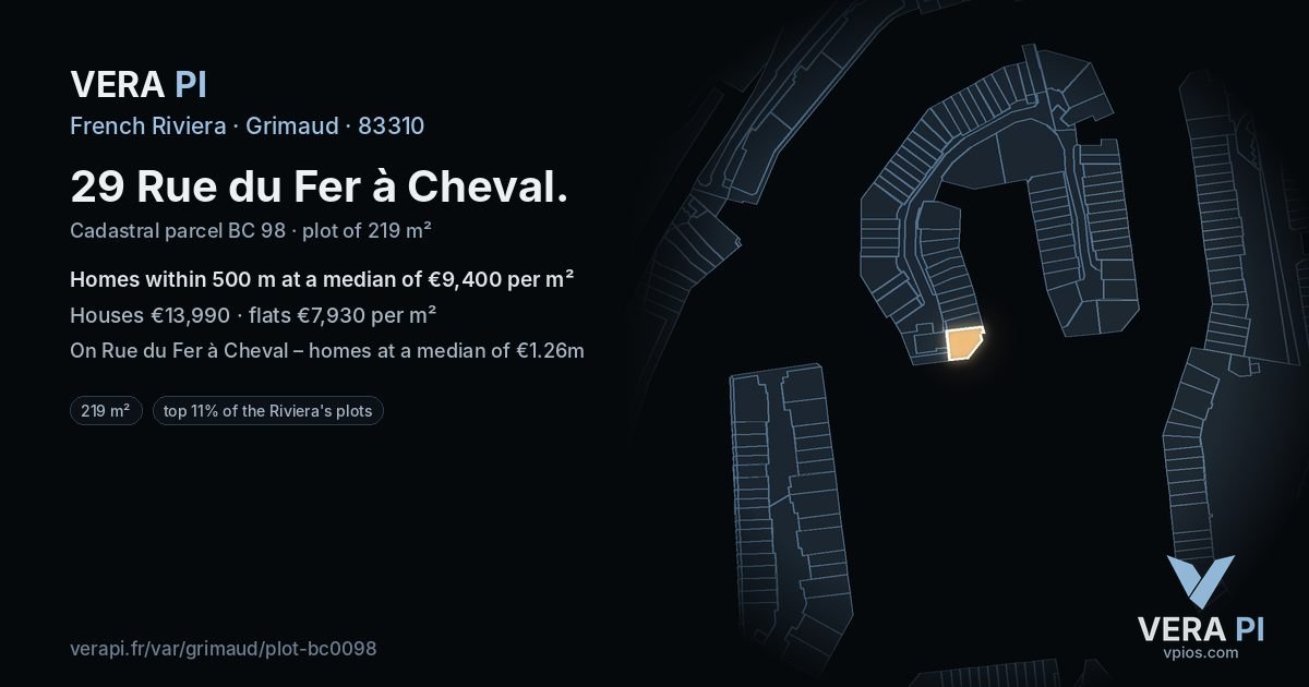 29 Rue du Fer à Cheval, Grimaud at night – the plot lit, the parcels around coloured by the prices near them