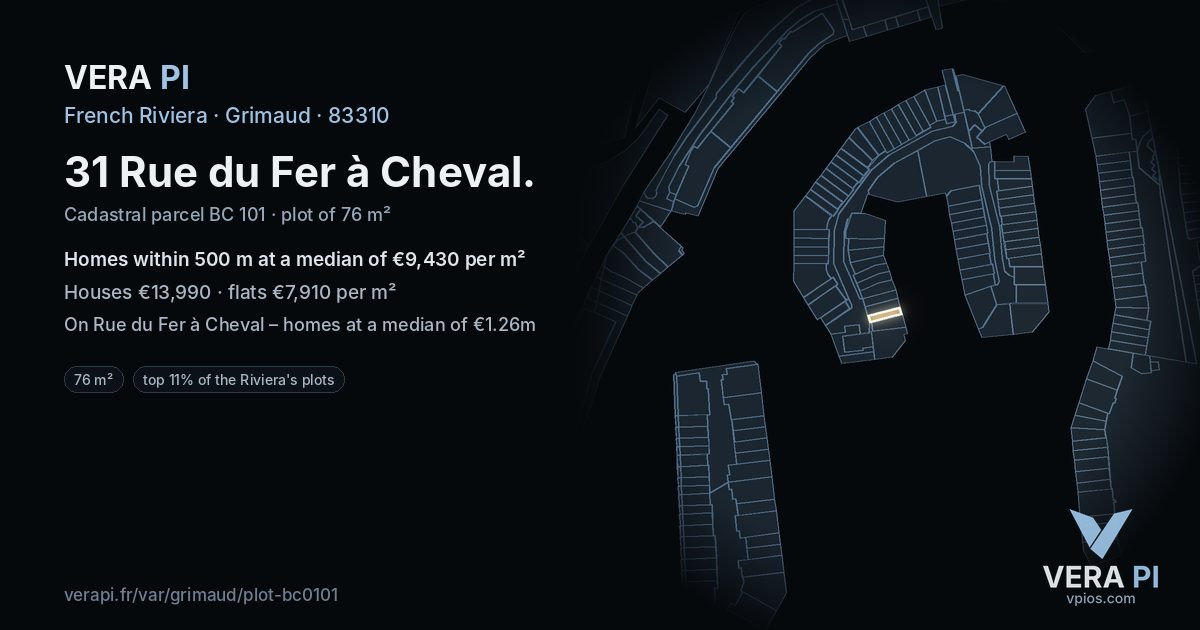 31 Rue du Fer à Cheval, Grimaud at night – the plot lit, the parcels around coloured by the prices near them