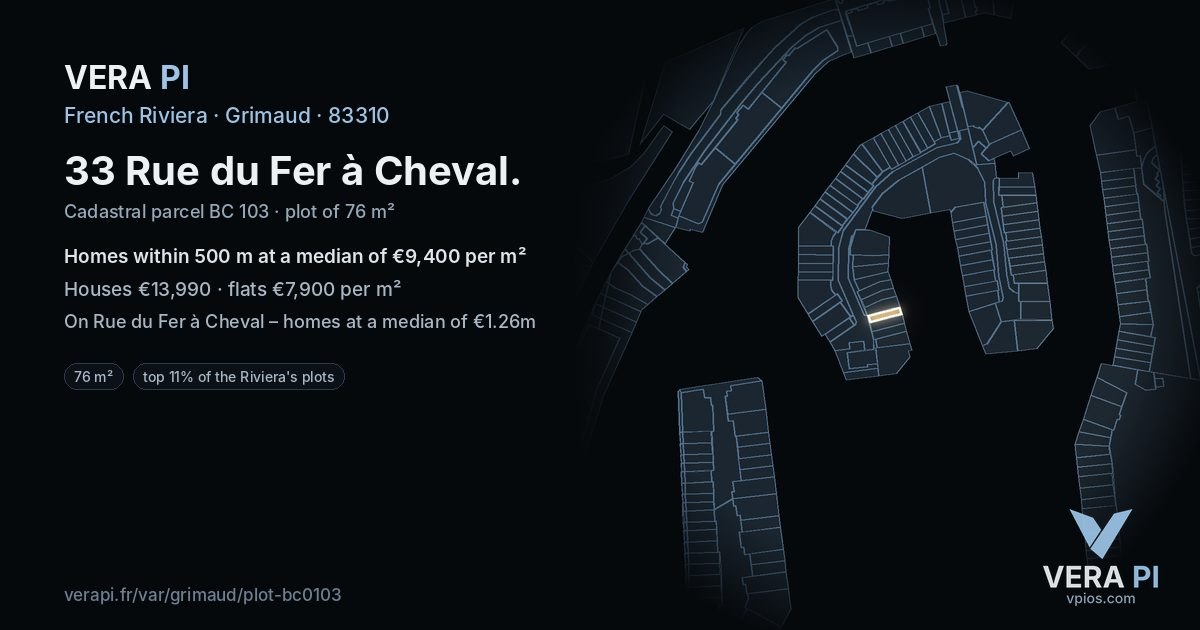 33 Rue du Fer à Cheval, Grimaud at night – the plot lit, the parcels around coloured by the prices near them