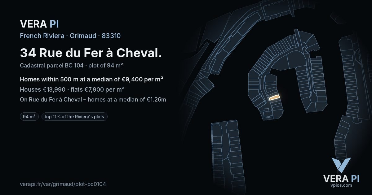 34 Rue du Fer à Cheval, Grimaud at night – the plot lit, the parcels around coloured by the prices near them
