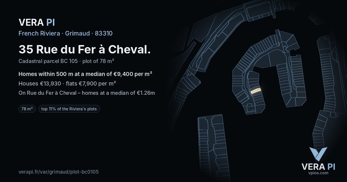 35 Rue du Fer à Cheval, Grimaud at night – the plot lit, the parcels around coloured by the prices near them