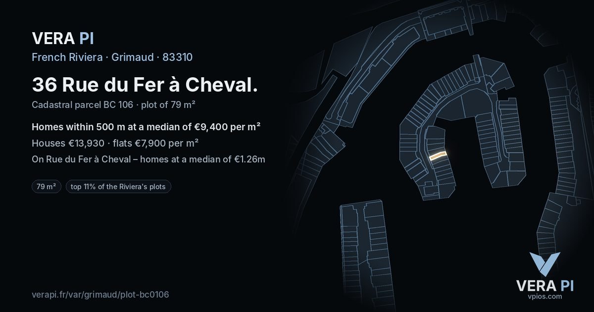 36 Rue du Fer à Cheval, Grimaud at night – the plot lit, the parcels around coloured by the prices near them