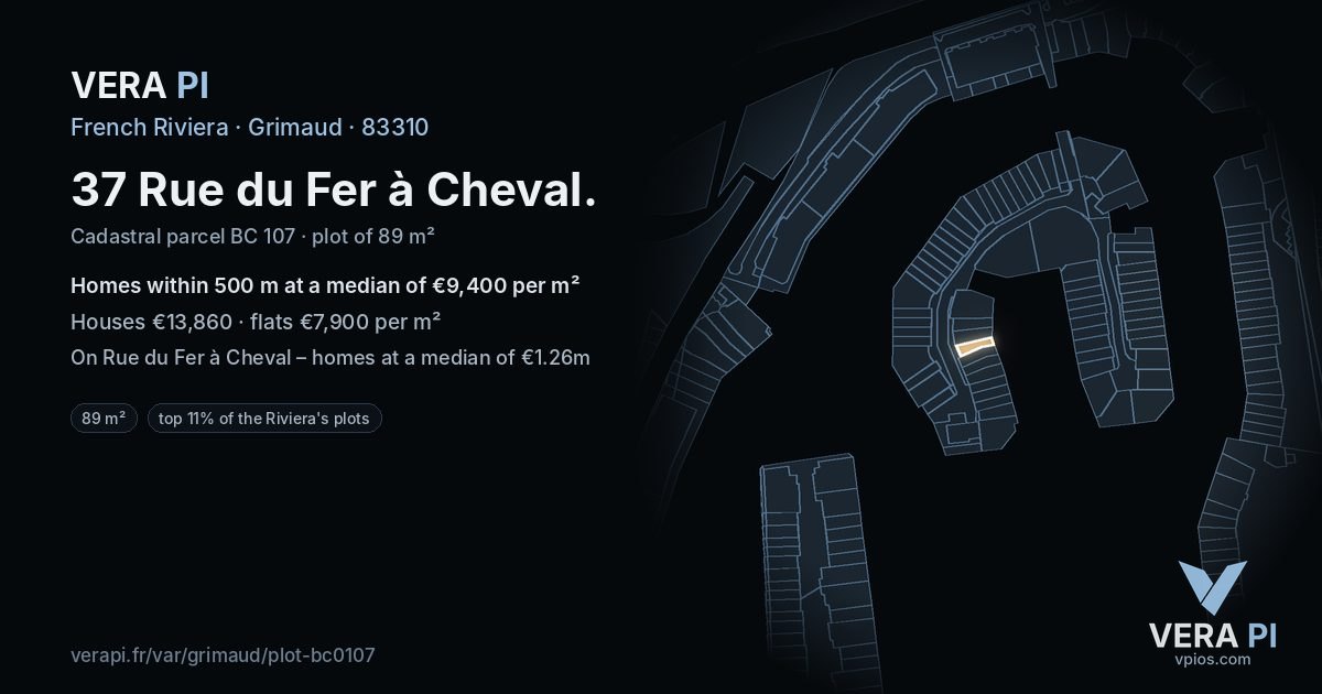 37 Rue du Fer à Cheval, Grimaud at night – the plot lit, the parcels around coloured by the prices near them