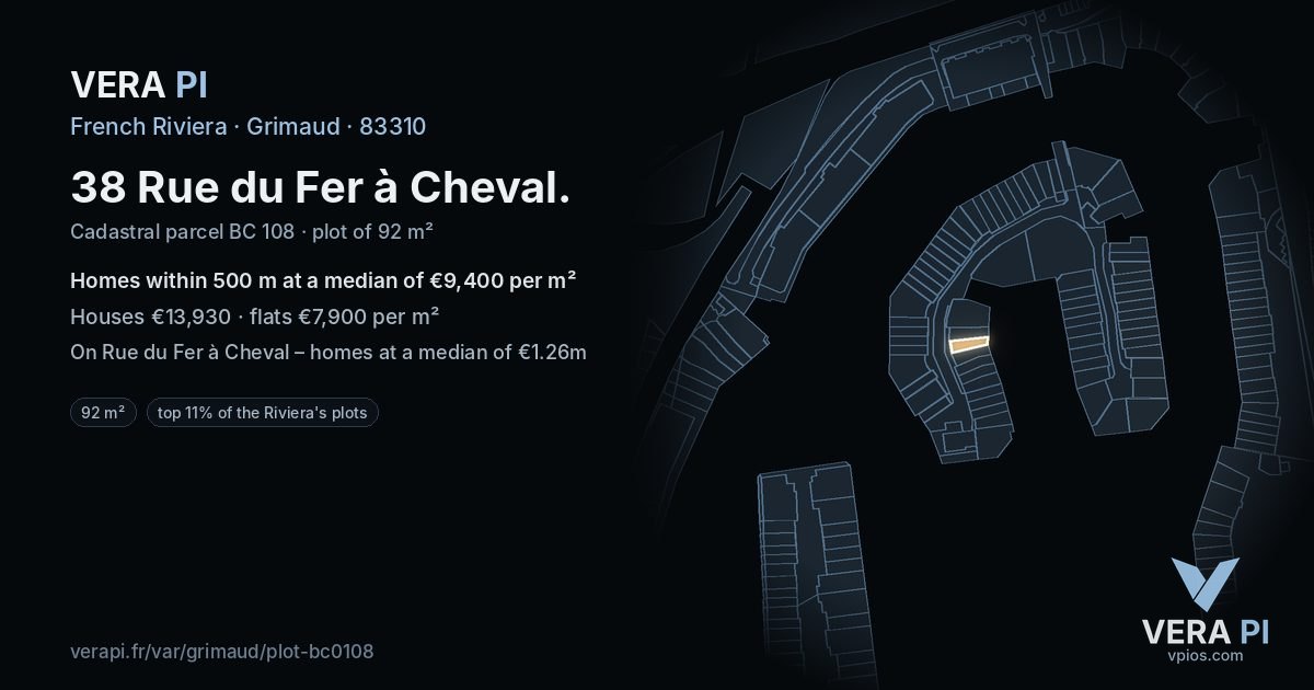 38 Rue du Fer à Cheval, Grimaud at night – the plot lit, the parcels around coloured by the prices near them