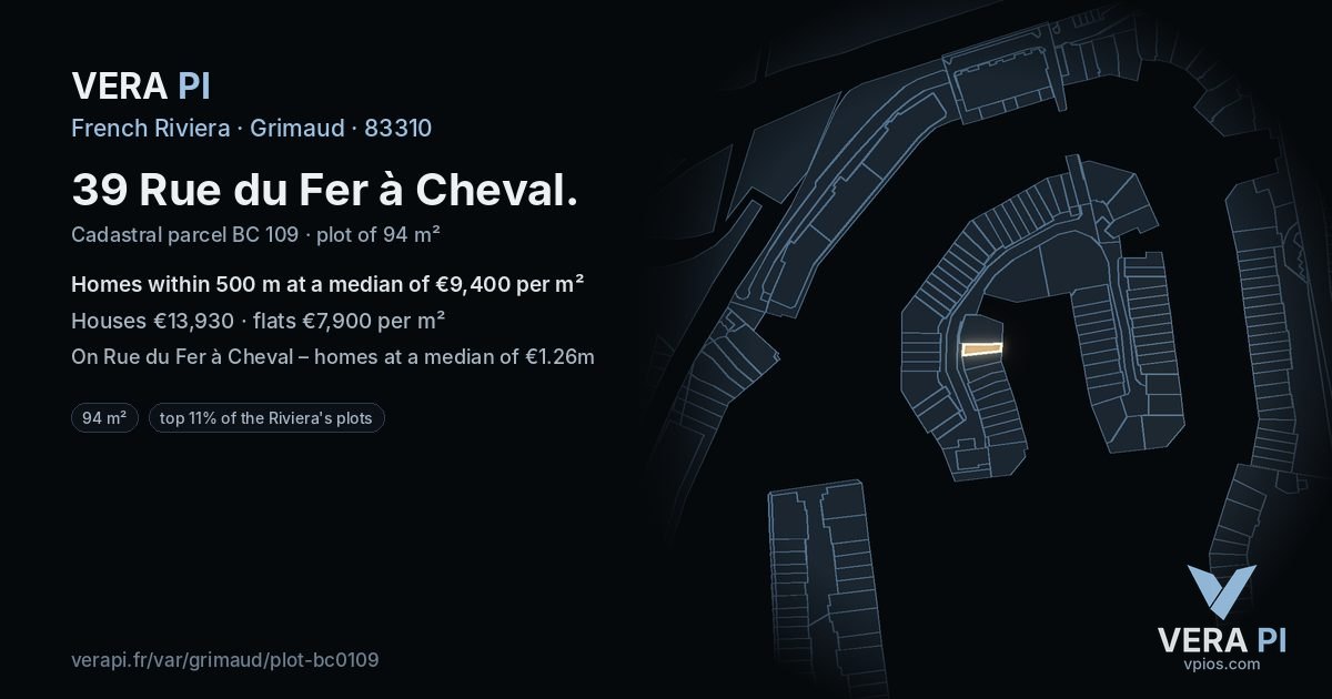 39 Rue du Fer à Cheval, Grimaud at night – the plot lit, the parcels around coloured by the prices near them