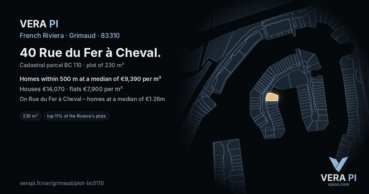40 Rue du Fer à Cheval, Grimaud at night – the plot lit, the parcels around coloured by the prices near them