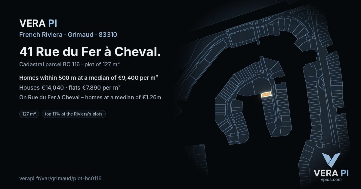 41 Rue du Fer à Cheval, Grimaud at night – the plot lit, the parcels around coloured by the prices near them