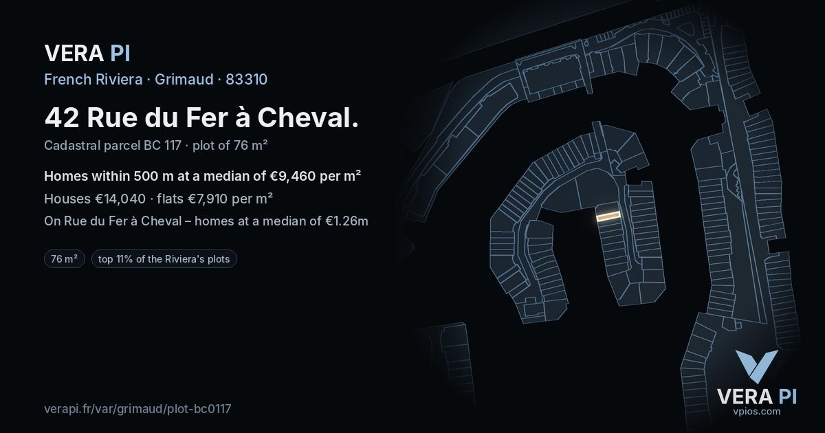 42 Rue du Fer à Cheval, Grimaud at night – the plot lit, the parcels around coloured by the prices near them