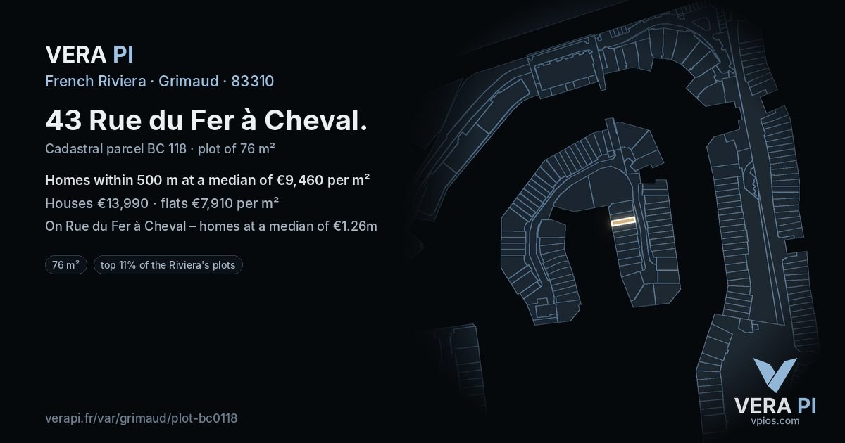 43 Rue du Fer à Cheval, Grimaud at night – the plot lit, the parcels around coloured by the prices near them