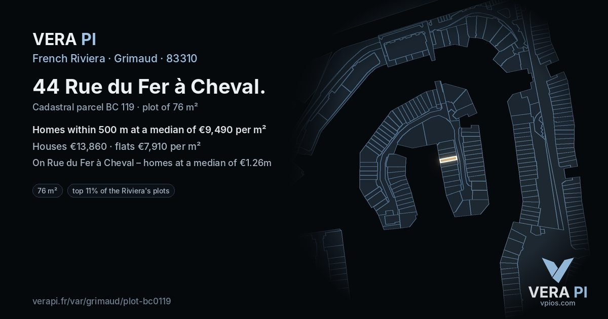 44 Rue du Fer à Cheval, Grimaud at night – the plot lit, the parcels around coloured by the prices near them
