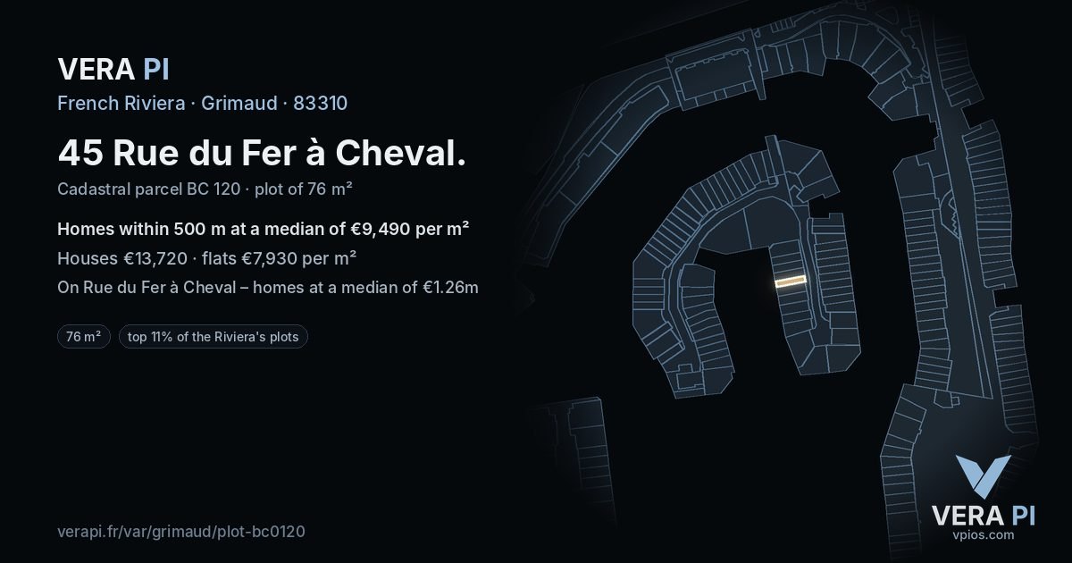 45 Rue du Fer à Cheval, Grimaud at night – the plot lit, the parcels around coloured by the prices near them
